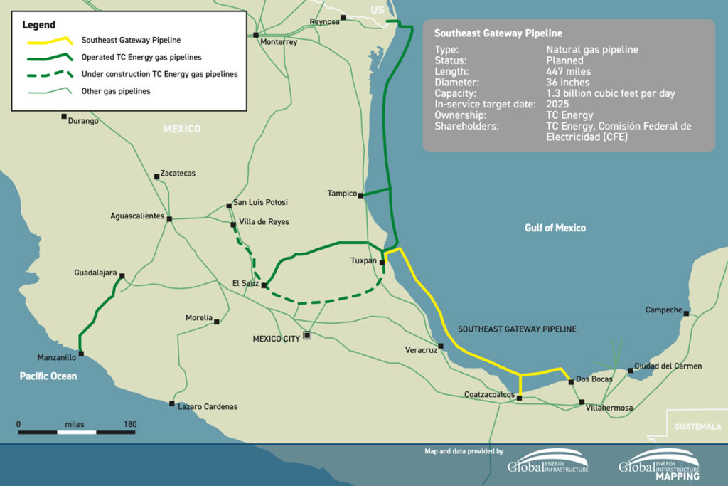 A map detailing key stats and locations of the TC Energy project.